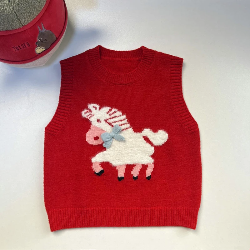 女童男童针织毛衣喜庆年款新年背心秋冬可爱小马儿童马甲上衣亲子