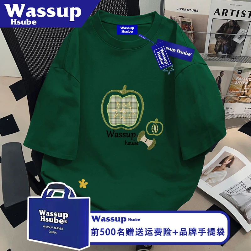 WASSUP HSUBE夏季日常穿搭纯棉印花上衣ins墨绿色短袖男女同款T恤