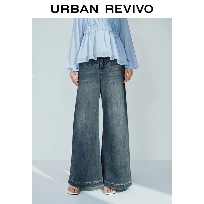 UR2025春季新款女装欧若风复古猫须水洗阔腿牛仔长裤UWM850063