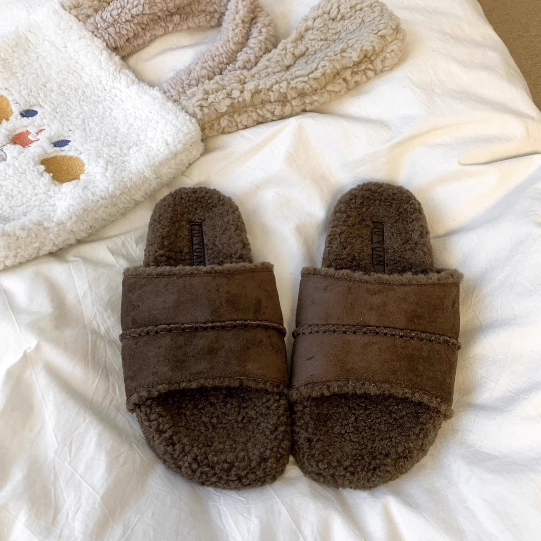 美拉德鞋拖厚底一字带毛毛拖鞋女鞋外穿2025秋季新款一脚蹬懒人鞋