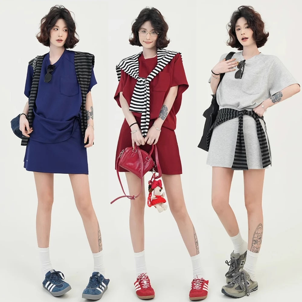 夏装搭配一整套时尚减龄小个子圆领t恤+半身裙裤+条纹披肩三件套