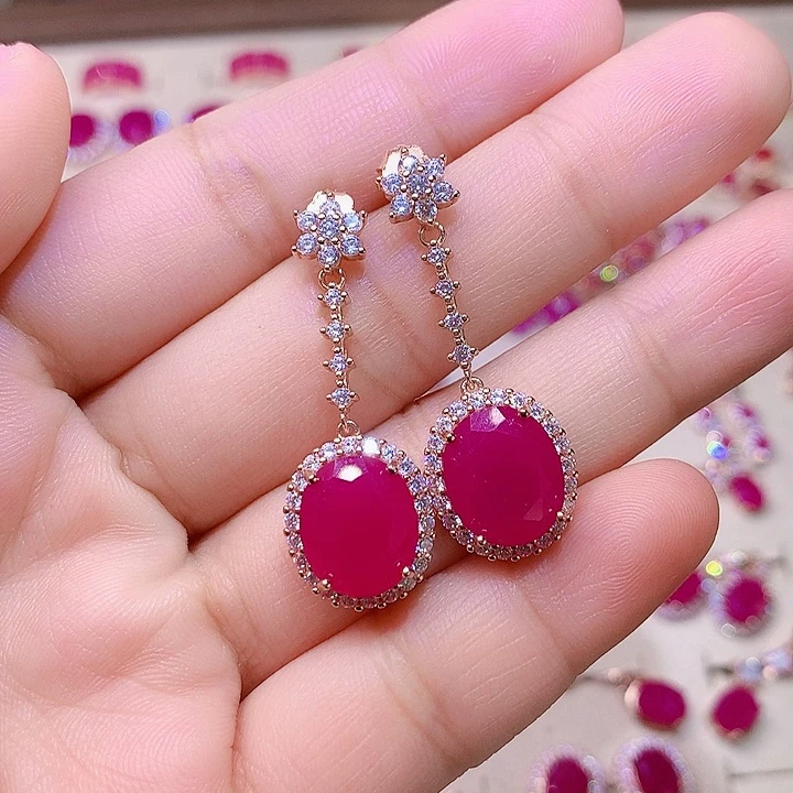 红宝石耳饰银S925镶嵌