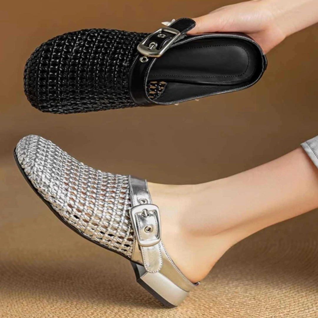 防滑软底真牛皮包头半拖鞋2025夏季新款外穿平底镂空休闲洞洞凉拖