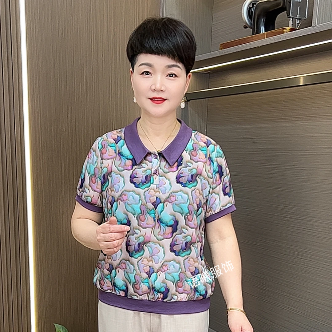 时尚常规翻领薄款中老年女装夏季夏装休闲风短袖T恤F6201