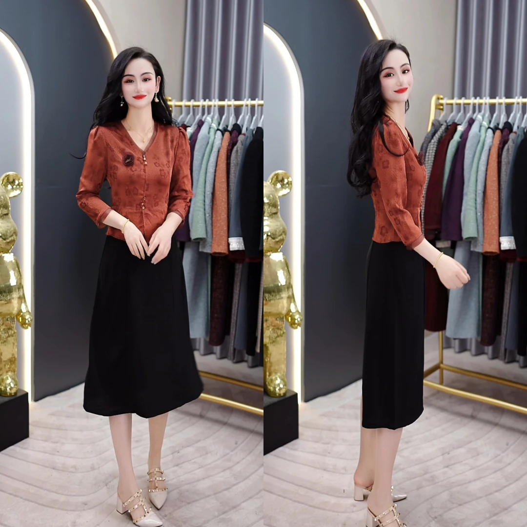 2025春新中式织锦提花拼接欧根纱优雅新款新款中长款假两件连衣裙