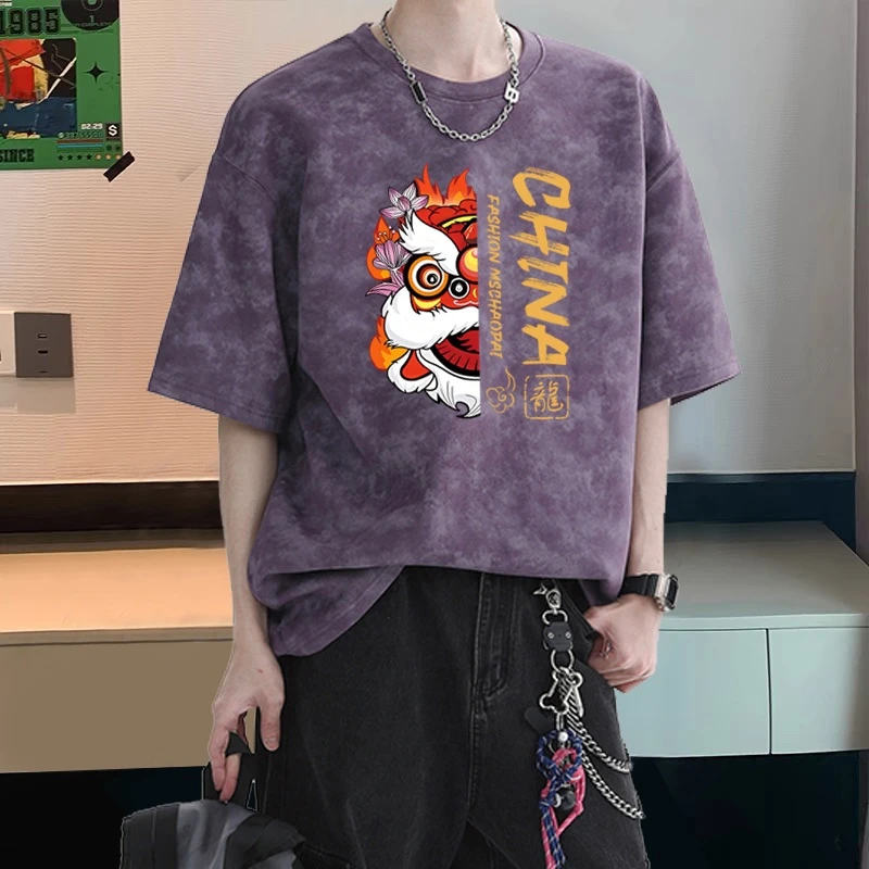 国风扎染纯棉短袖t恤男女同款宽松大码上衣美式潮牌百搭情侣半袖