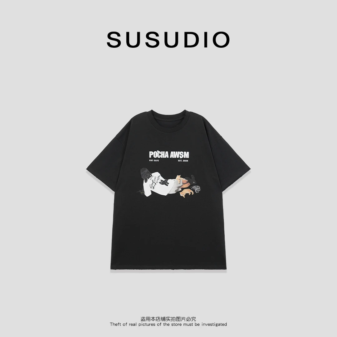 SUSUDIO② 猫咪小窝 新款简约字母猫咪短袖T恤10033