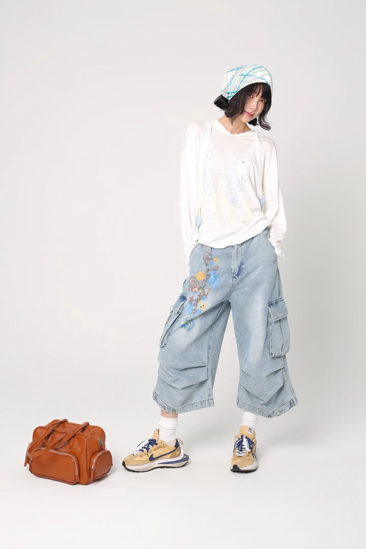 【Mto Quinn】2025春夏新品上新链条印花口袋九分工装裤中长牛仔短