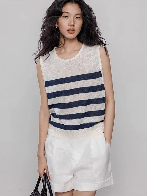 6399 85法式复古条纹撞色宽松吊带背心女夏季休闲风圆领无袖针织