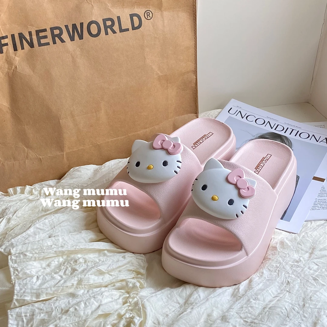 ins少女心kitty猫拖鞋女简约百搭一字拖可爱卡通EVA厚底增高防滑