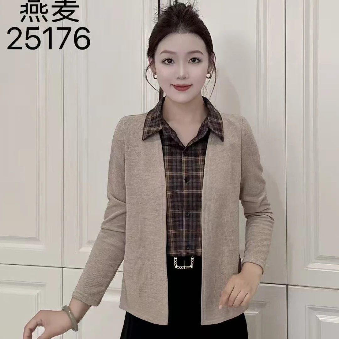25176假两件拼接格子上衣