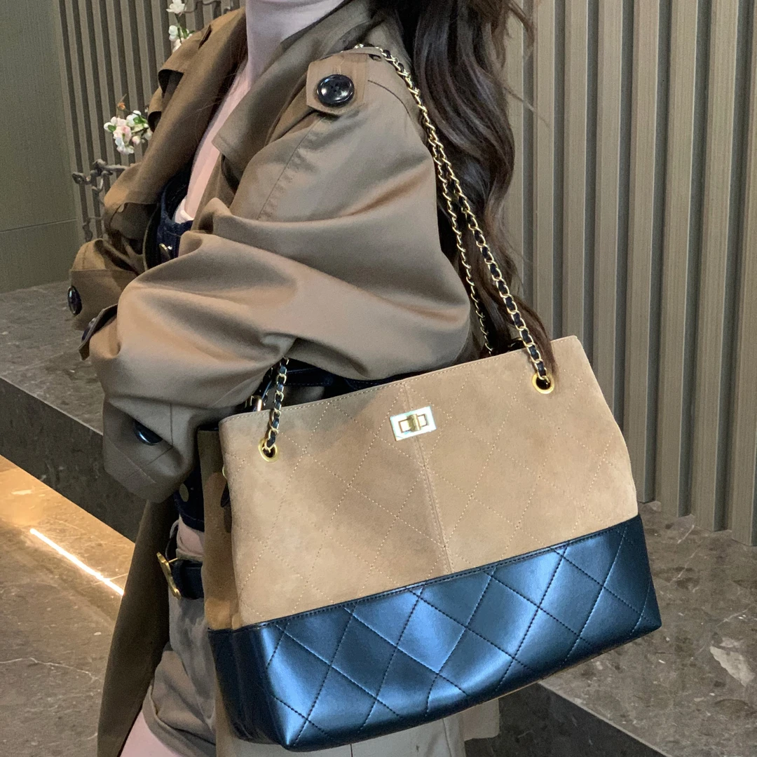 磨砂拼接菱格链条复古百搭精致小香风托特包