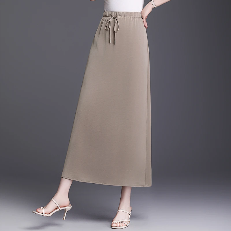 醋酸缎面半身裙女夏季2025新款松紧腰气质中长款冰丝包臀a字裙子