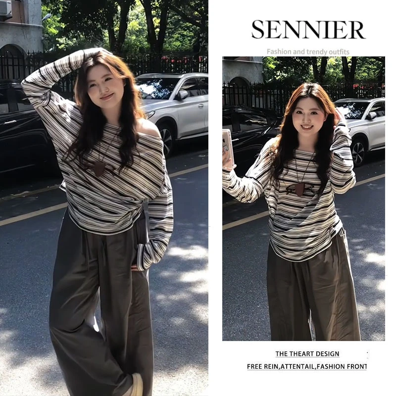 今年流行穿搭一整套2025早秋新款休闲显瘦条纹长袖阔腿裤两件套装