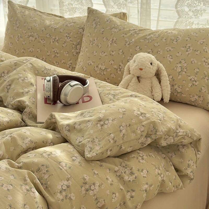 田园小清新繁花双层纱床上四件套纯棉100%全棉宿舍被套床单床笠款