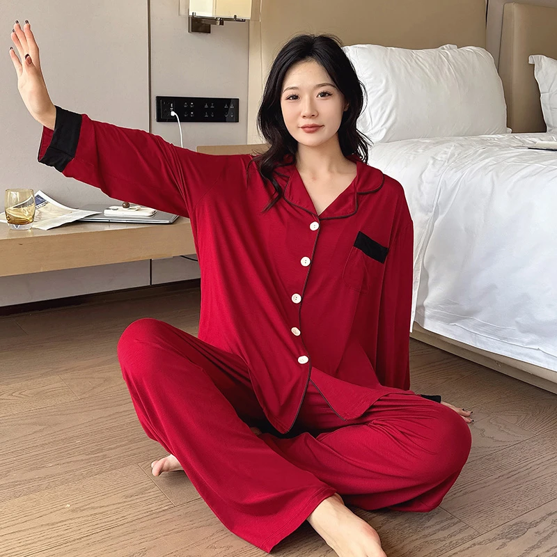 春秋季大码长袖家居服女士翻领睡衣胖mm薄款宽松两件套纯色居家服