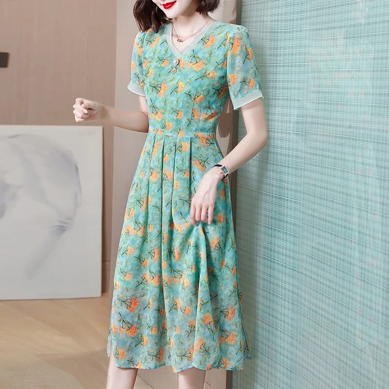 【清货特价】70113修身雪纺连衣裙气质V领印花中长款裙子