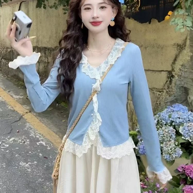 女长袖V领喇叭袖简约蕾丝衬衫上衣百搭短款设计感【A区】1646 A27-2