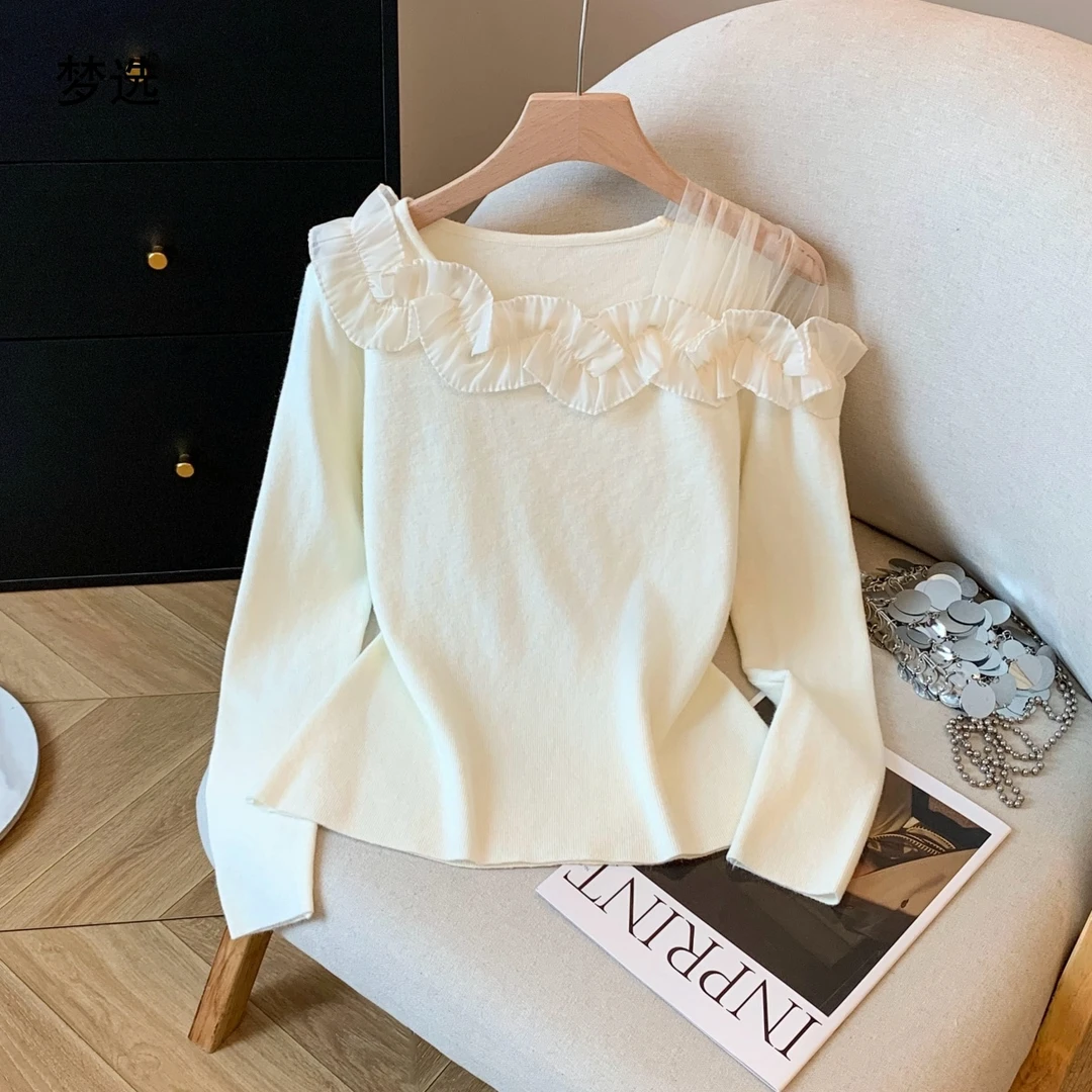 2025秋冬新款设计感小众打底针织衫女装网纱拼接上衣内搭长袖T恤