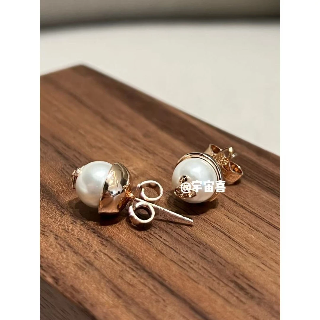 铜合金仿珍珠耳饰 E4-061【粉金配色帽子小白豆星球耳钉】粉金色