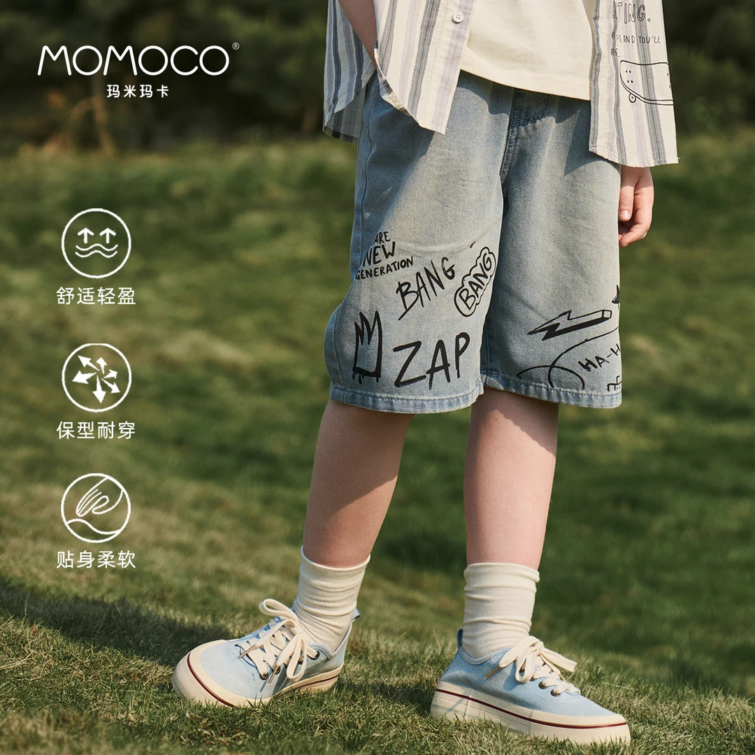 MOMOCO夏季男童中大童韩系印花字母牛仔五分裤百搭77230352013