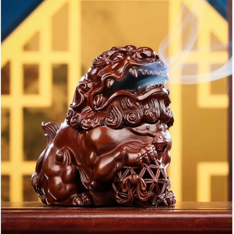 古铜色紫铜《狮子绣球香炉》纯手工家用茶桌摆件