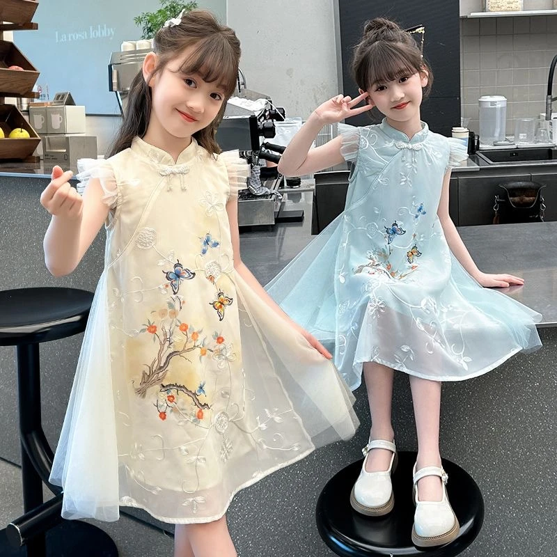 女童夏季新款旗袍裙中国风女宝宝印花雪纺新中式连衣裙
