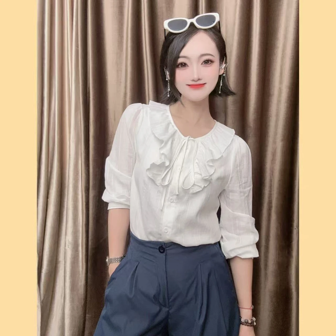 （棉）2025早秋气质显瘦减龄时尚衬衫宽松长袖荷叶边系带白衬衫8299