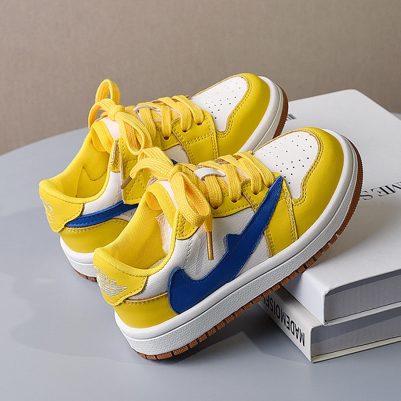 大黄蜂aj真皮黄色男童板鞋中大儿童运动鞋子2025春秋季新款倒钩勾