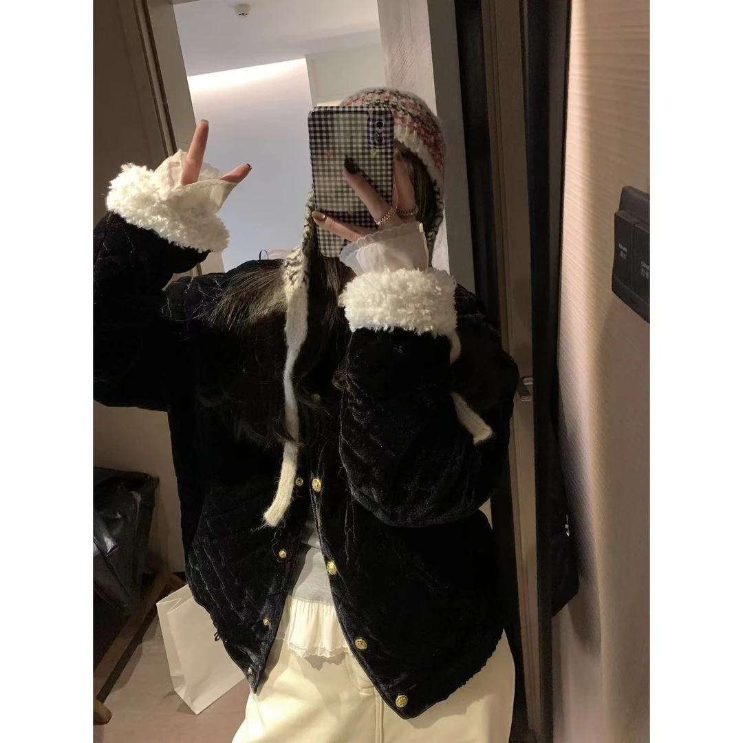 SP【彼得堡情书】甜美miu风翻领丝绒棉衣拼接毛毛外套秋冬设计感