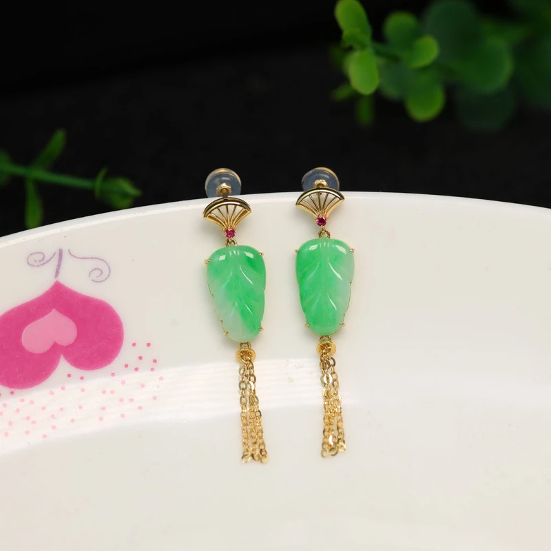 #H188 18K金镶嵌冰糯飘阳辣绿缅甸天然A货翡翠树叶流苏耳坠耳环