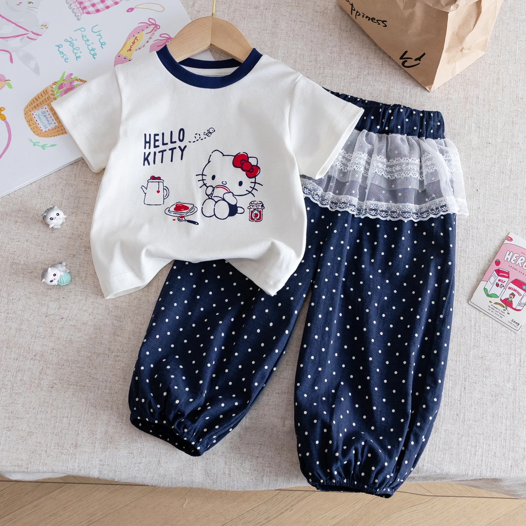 女宝宝夏季kt猫短袖套装女童夏装上衣屁帘波点裤儿童两件套童装潮