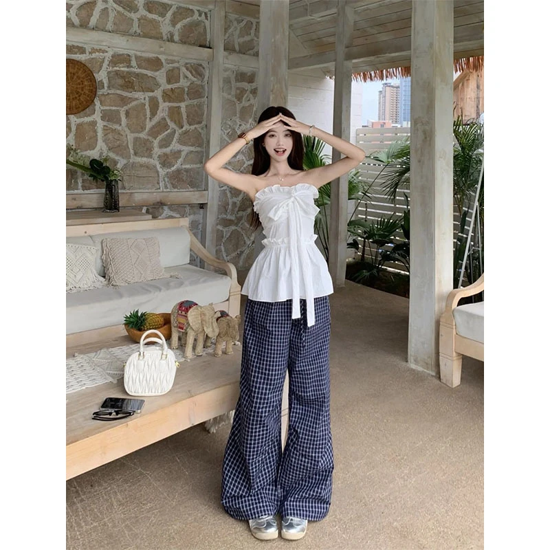 夏日甜美风设计感小众收腰显瘦木耳边抹胸背心上衣高腰直筒裤套装