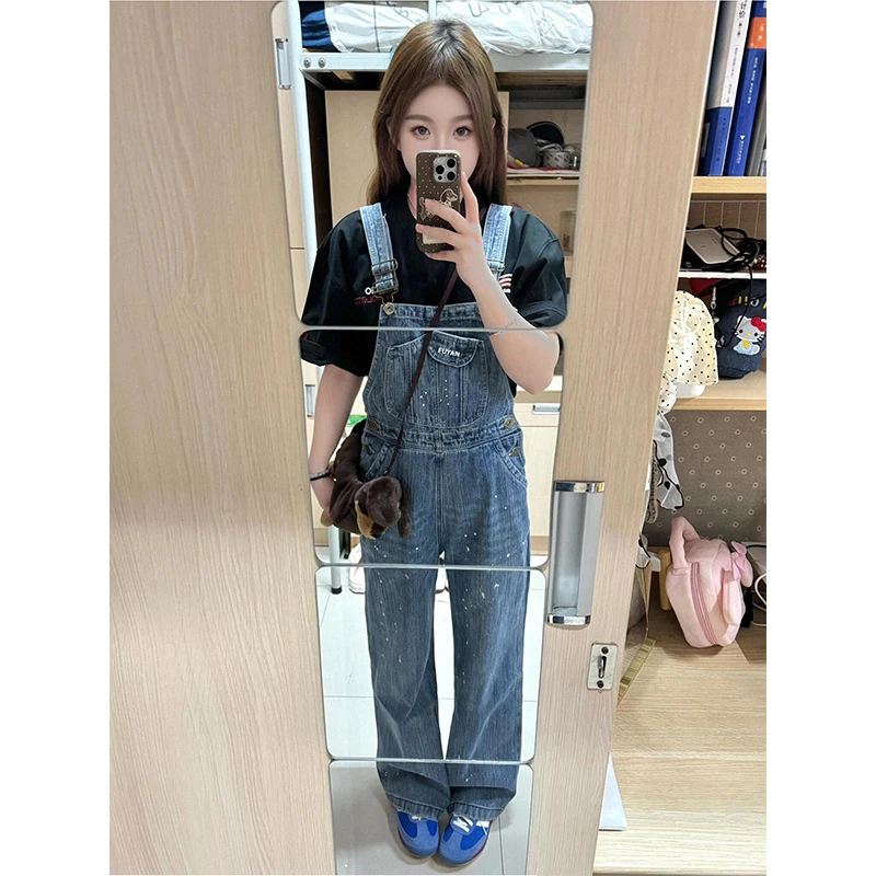 KSKM蓝色工装牛仔背带裤女2026春季新款美式泼墨设计感宽松直筒裤