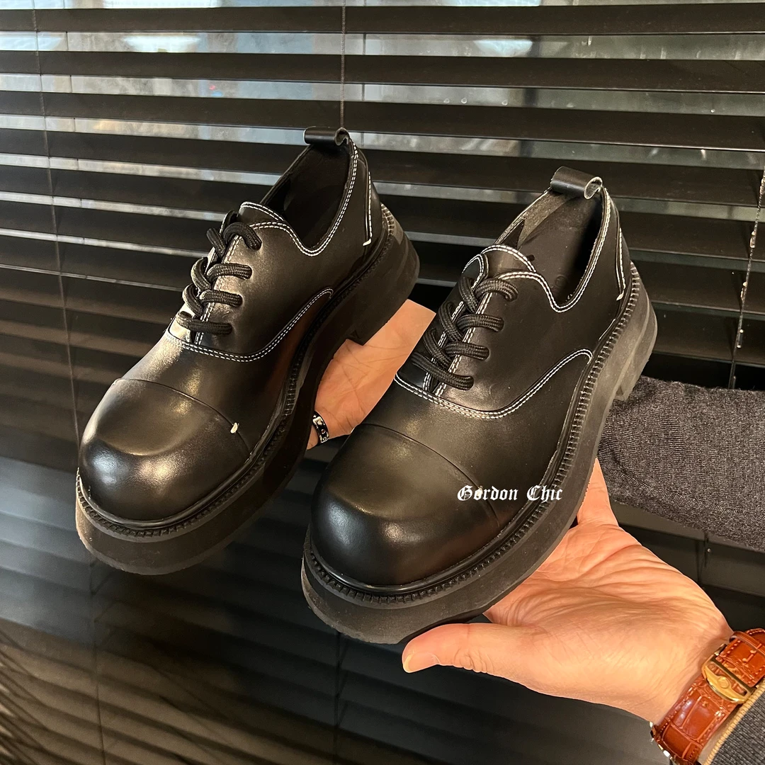 GordonChic 纯黑色牛皮系带德比鞋素面厚底增高休闲皮鞋25367