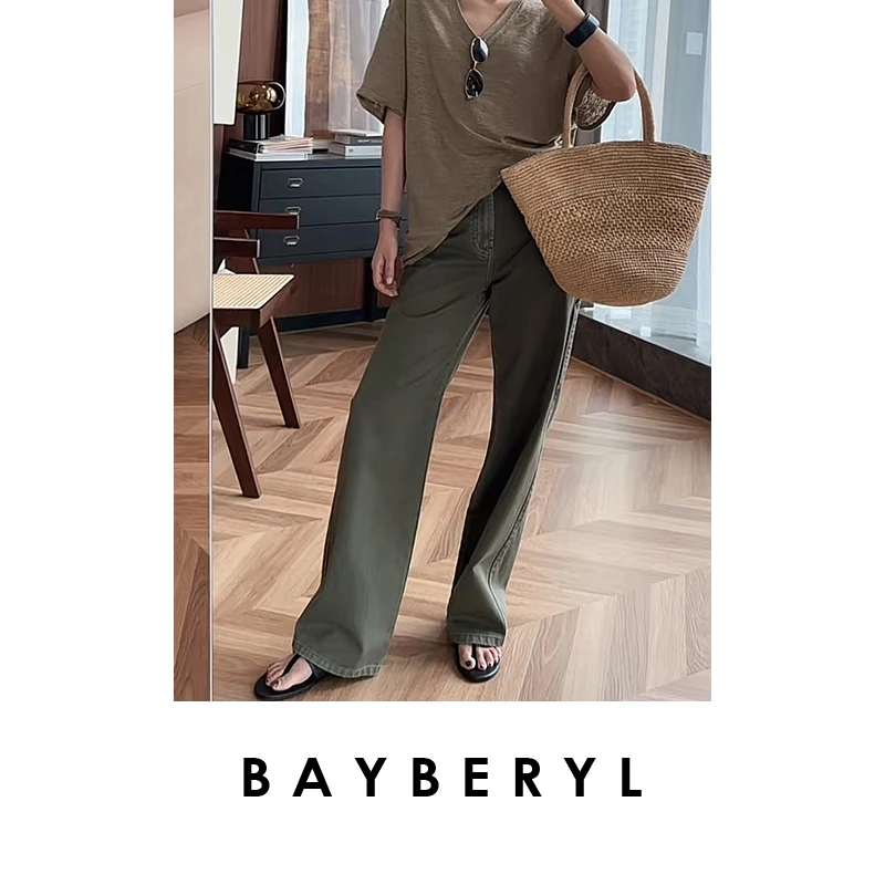 BAYBERYL老贝缪*工装设计直筒百搭绿水洗牛仔裤NZK5C1301
