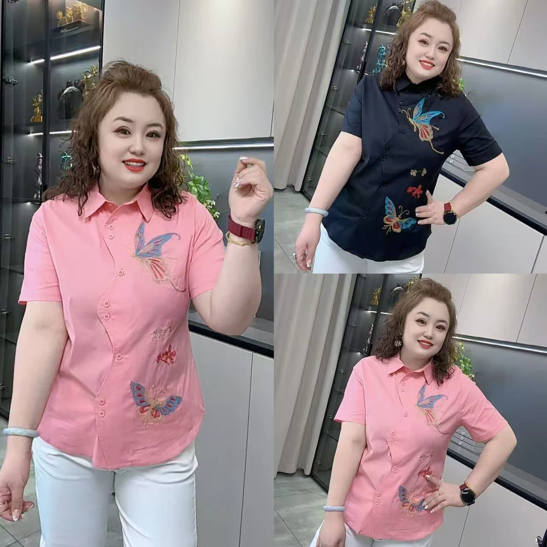 8905(丹姐家)重工蝴蝶刺绣衬衫夏新款翻领波浪纹设计短袖衬衣