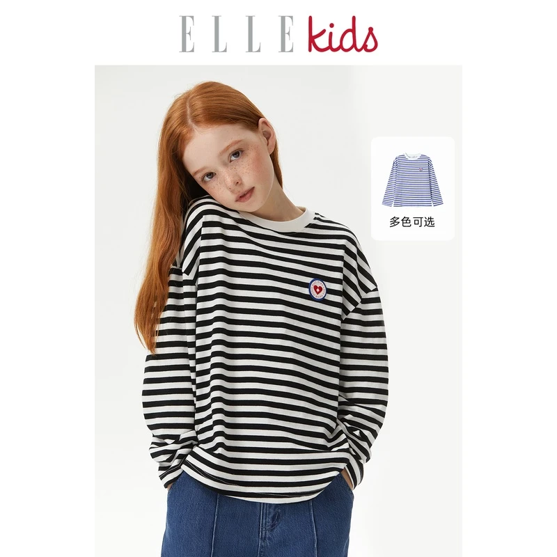 【ELLEkids】童装 条纹百搭绣花标长袖T恤女童春秋新款圆领套头上衣