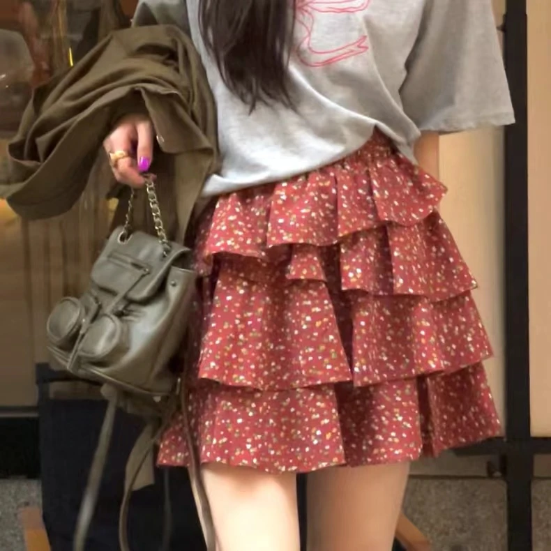 【李十一LISHIYI】高腰洋气碎花荷叶边蛋糕半身裙 带安全裤★6071