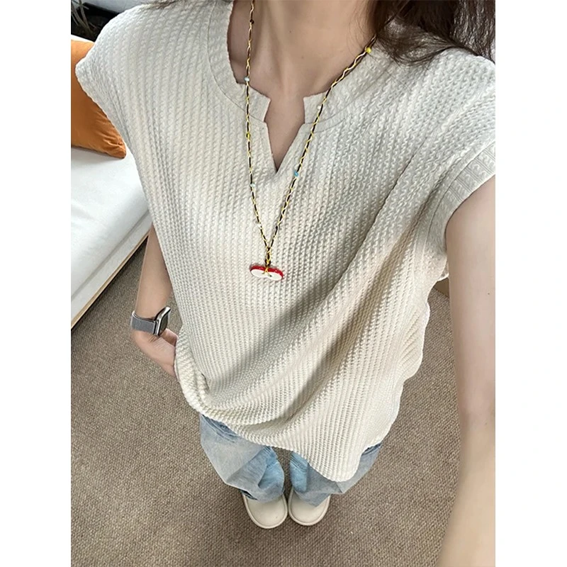 杏色肌理感v领无袖背心男夏cleanfit美式痞帅运动健身背心老头衫