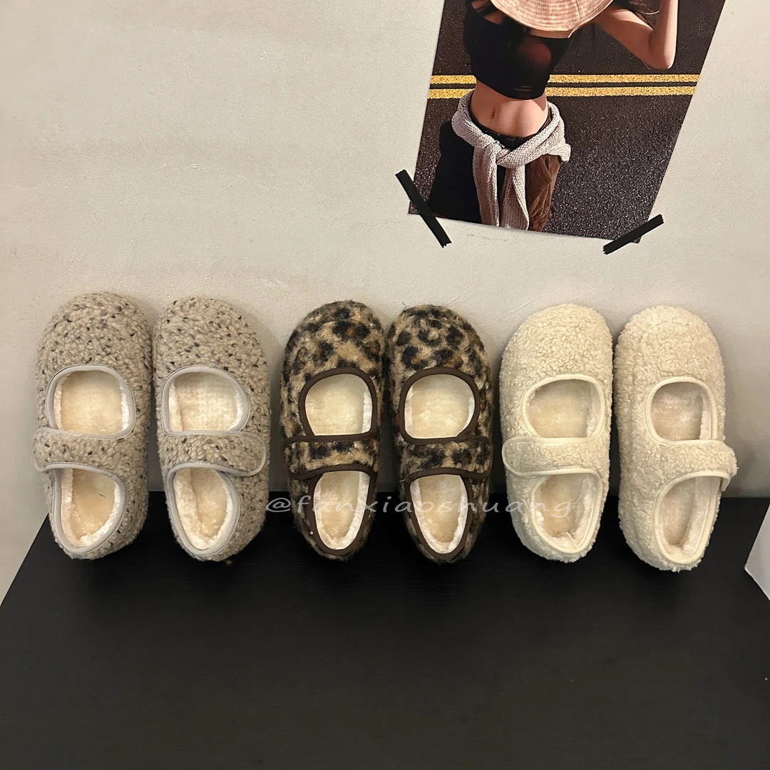 韩国女毛毛鞋加绒玛丽珍鞋2025新款冬季保暖休闲鞋魔术贴平底棉鞋