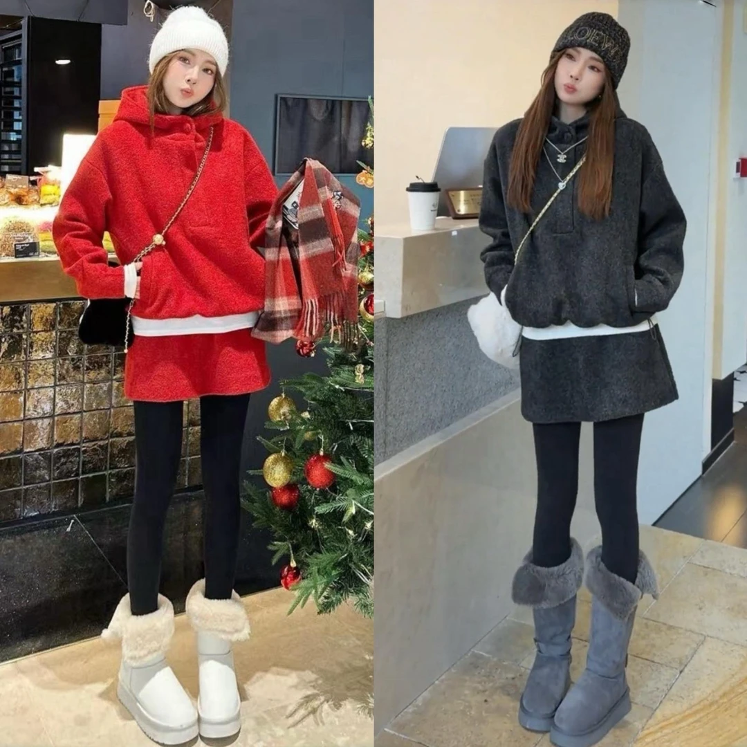 SG/依姗 毛呢感抽绳连帽卫衣高腰半身裙两件套女秋冬加厚保暖套装