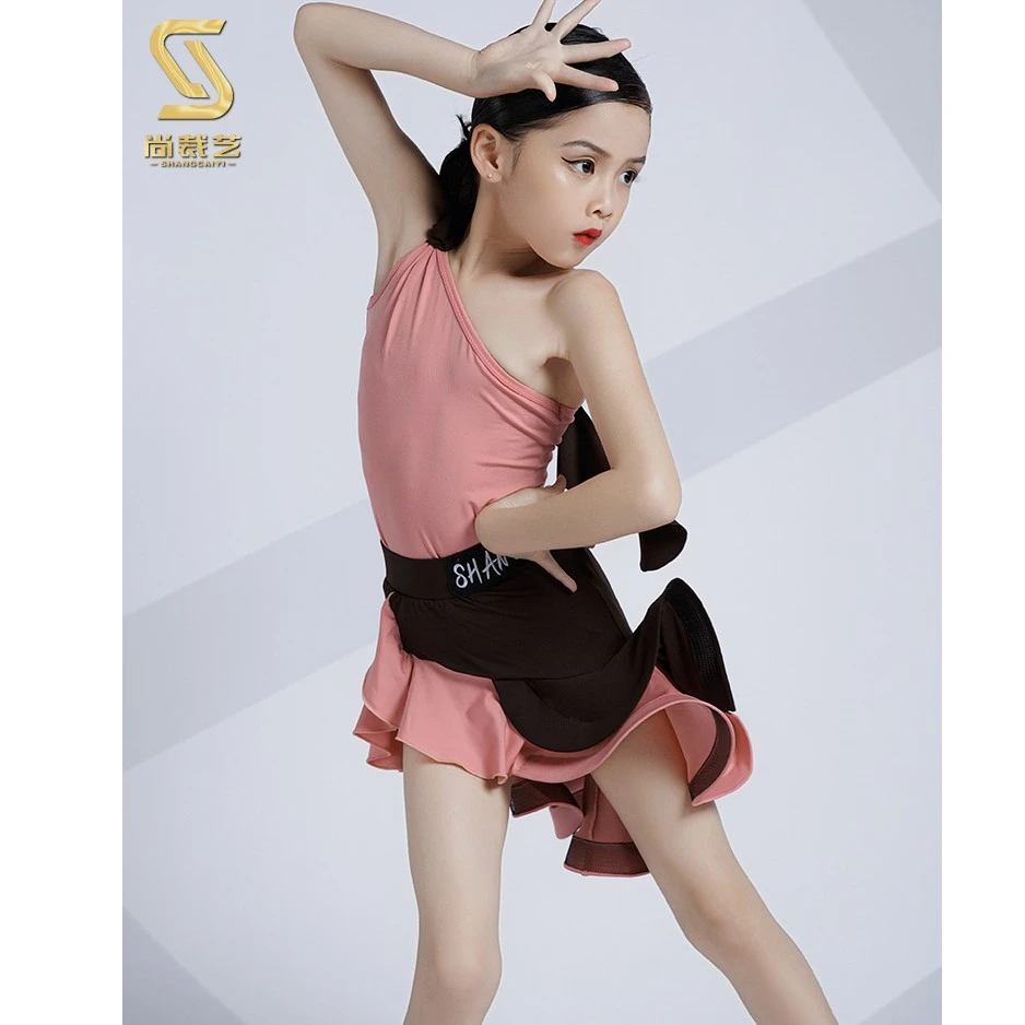 尚裁艺少儿拉丁舞服女童2023新款斜肩吊带练习夏季洋气高级22056