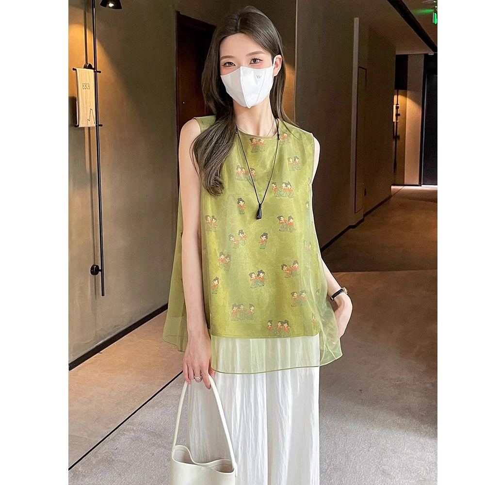 新中式国风印花无袖上衣套装女2025新款时尚宽松遮肚显瘦两件套夏