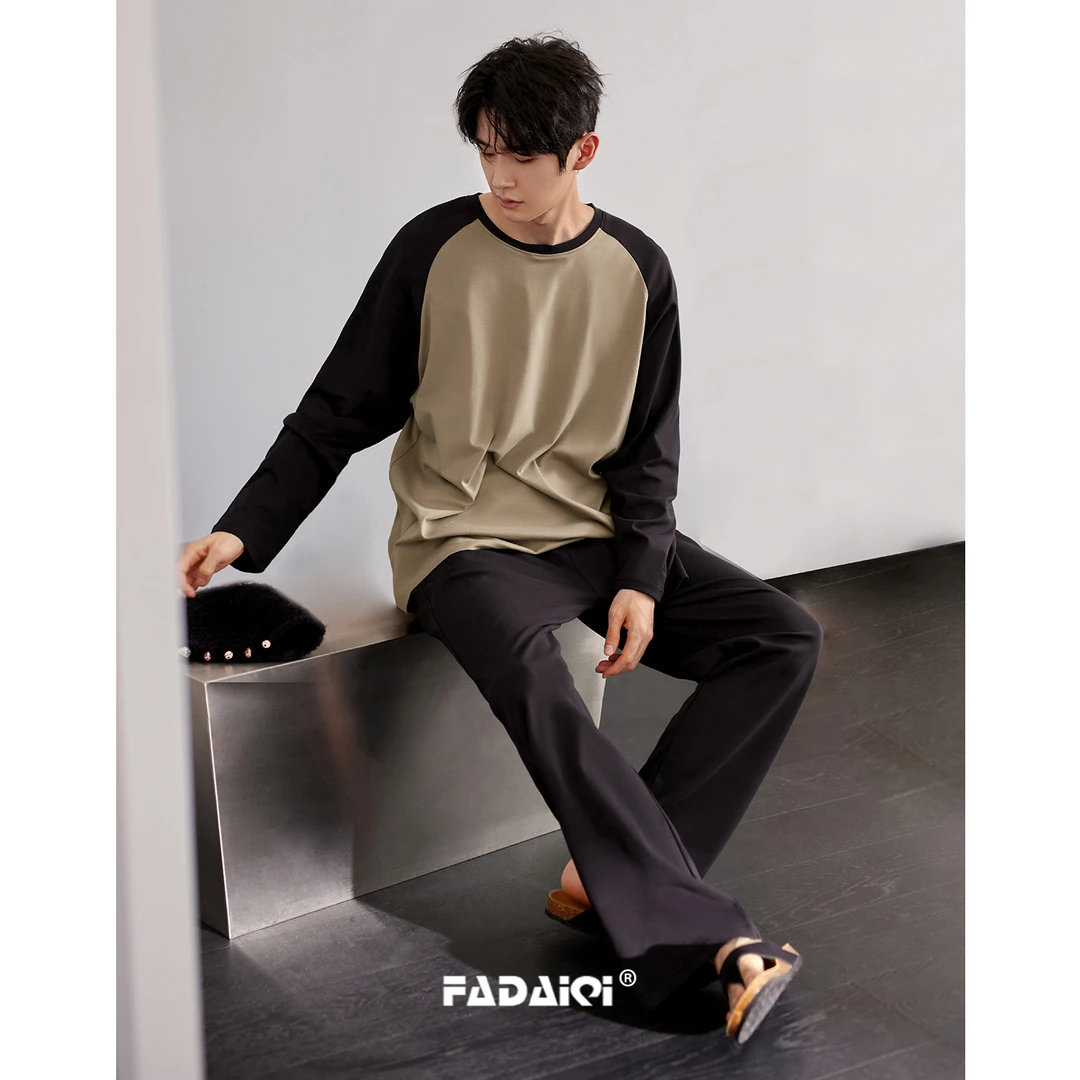 【超柔软】纯棉睡衣男士春秋季长袖撞色拼接圆领可外穿男款家居服