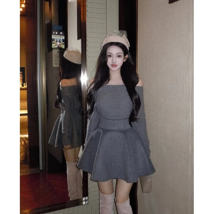 纯欲风穿搭套装灰色斜肩长袖针织衫女秋季新款高腰a字短裙两件套