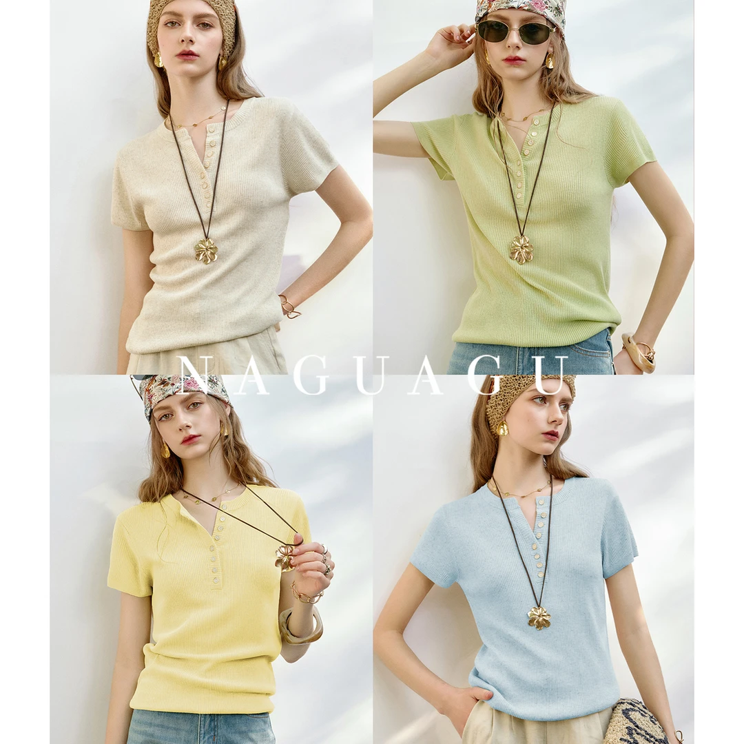 【冰萃麻麻针织】开口V领正肩短袖针织衫女纯色上衣夏FX1ZS2048