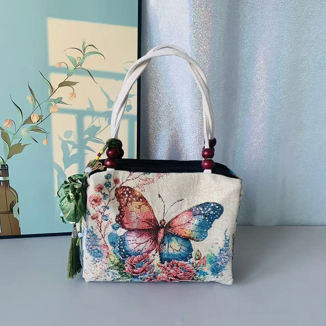 【升级版】三层拉链刺绣民族风串珠手提包 中国风女士单肩斜挎包