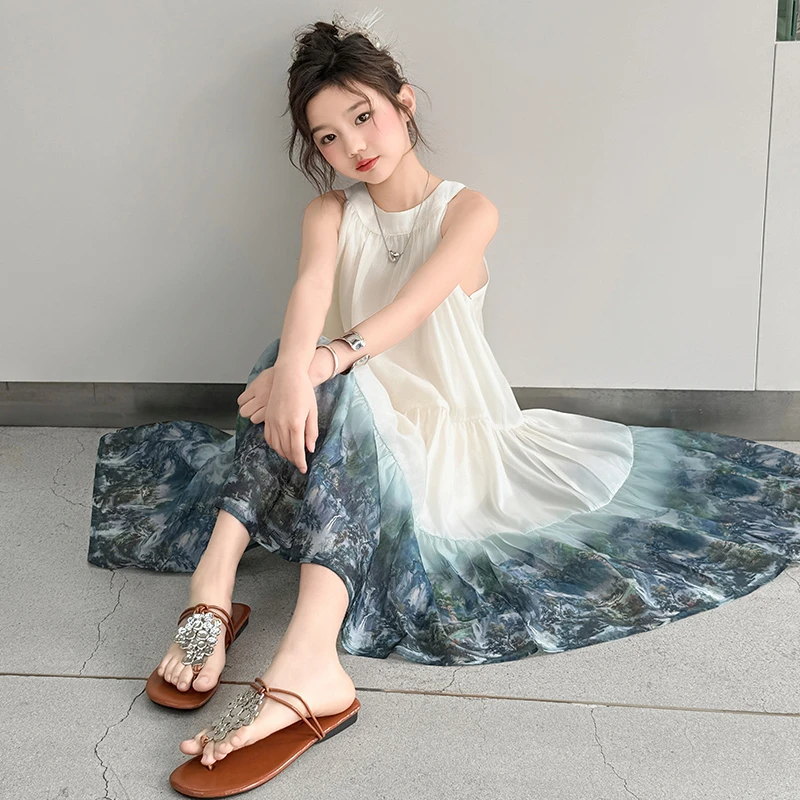 女童吊带裙小女孩水墨画挂脖连衣裙夏装2025新款儿童度假风沙滩裙