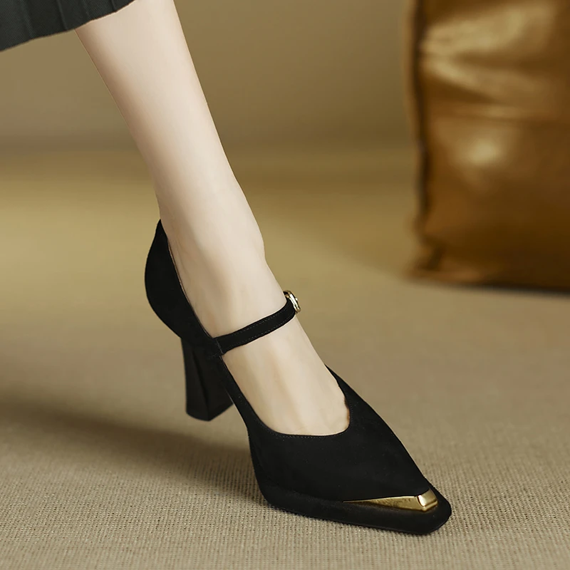 小个子增高9.5cm~法式复古高跟鞋女粗跟玛丽珍鞋新款尖头浅口单鞋